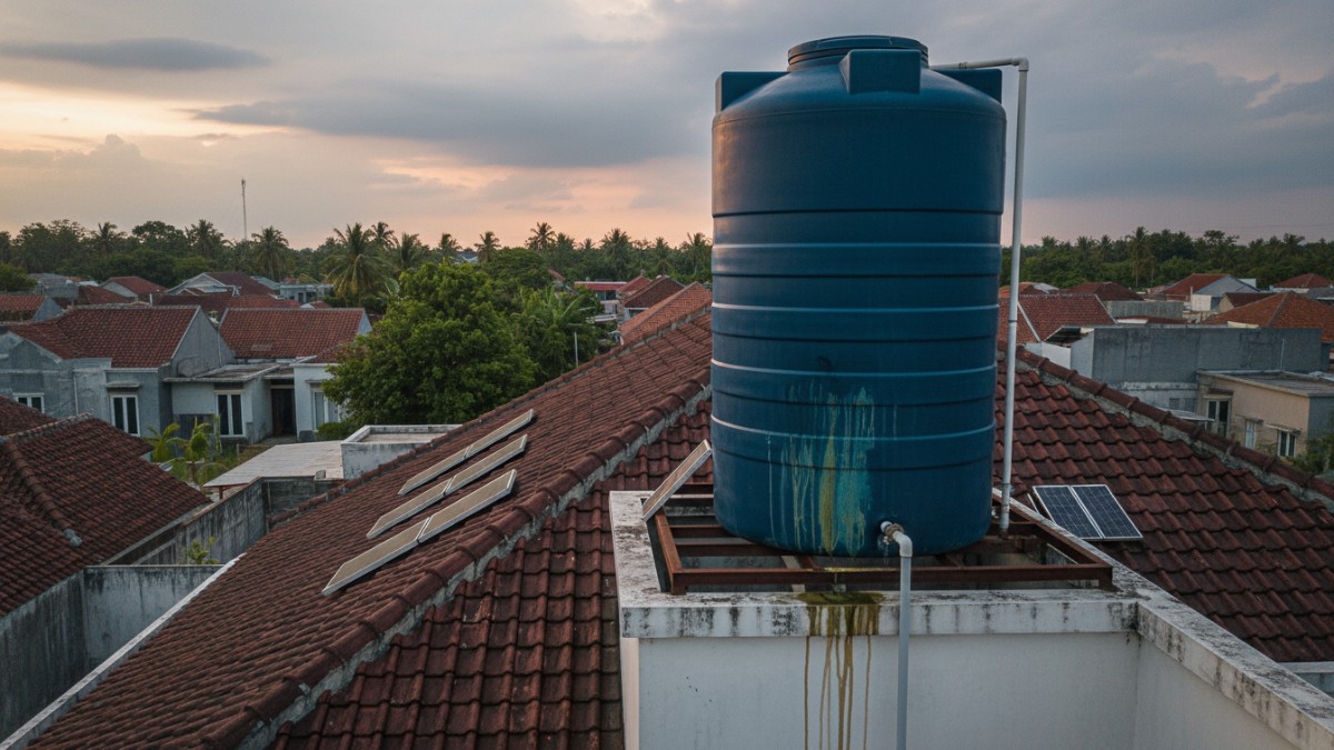 Toren air di atas atap rumah dengan tanda rembesan air di bagian bawah tangki.