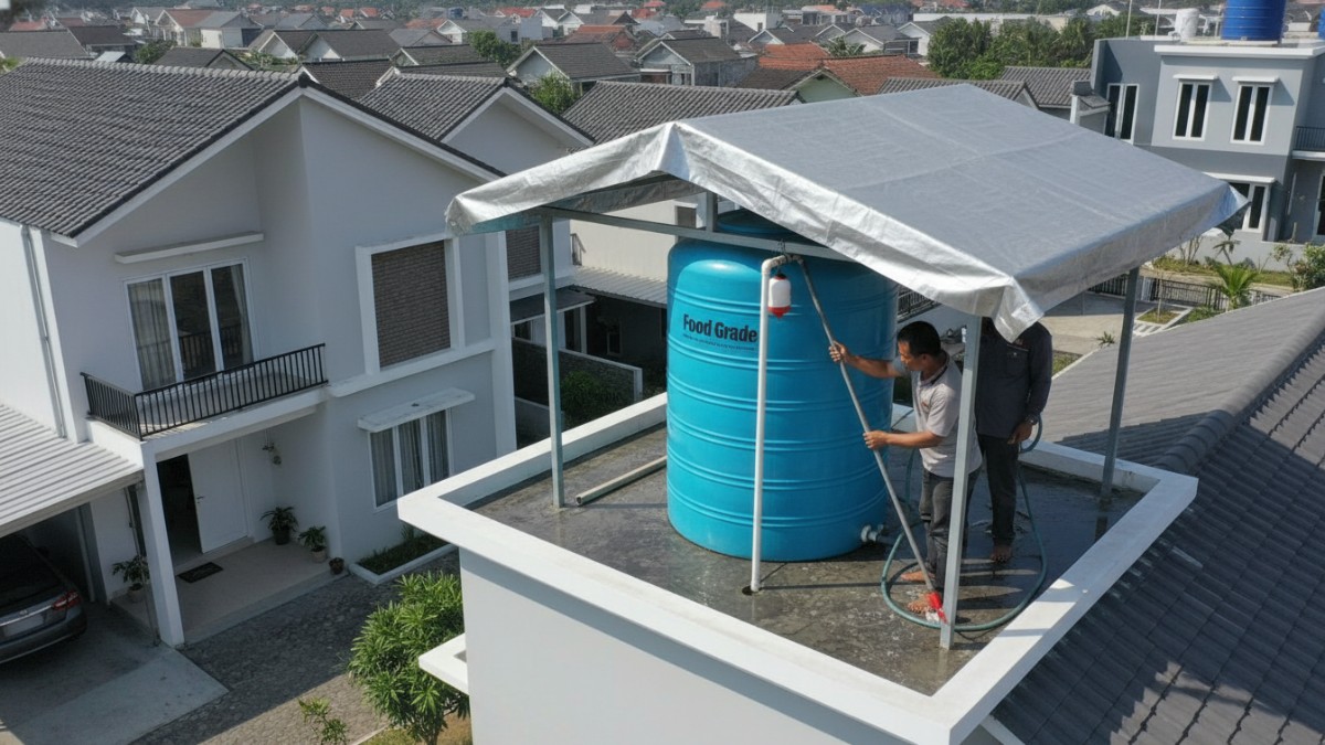 Toren air bersih terpasang rapi tanpa kebocoran setelah perbaikan.