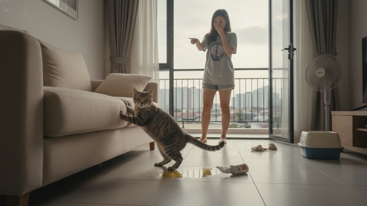 Lantai rumah terkena urine kucing dengan pemilik membersihkan menggunakan cairan pembersih ramah hewan. 