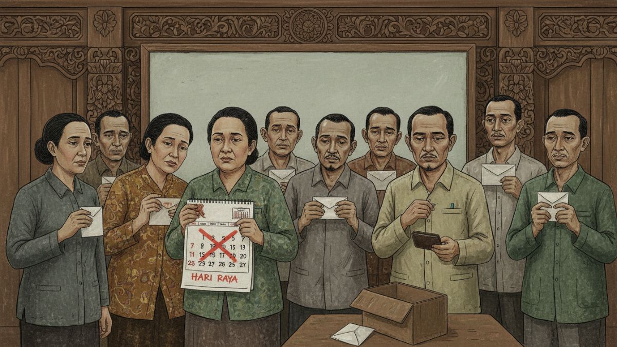 Ilustrasi kalender 2026 bertanda Hari Raya dan Amplop tanpa THR.