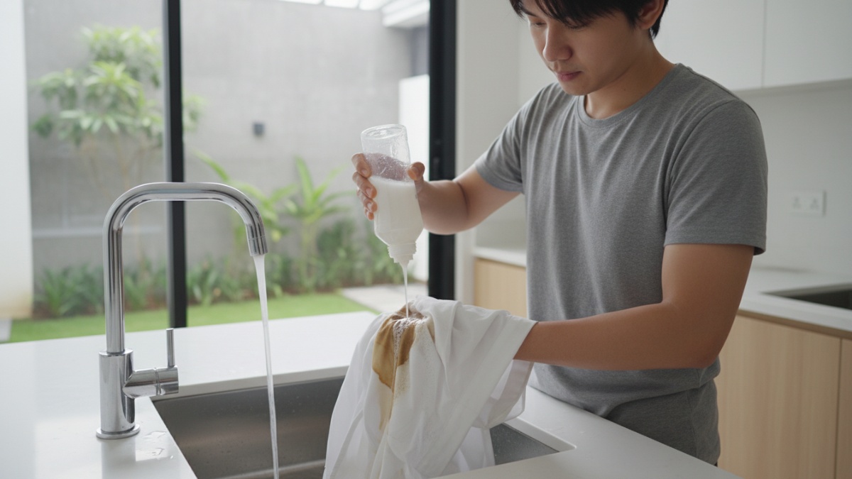 kemeja putih dengan noda kopi yang sedang dibersihkan menggunakan deterjen cair. 