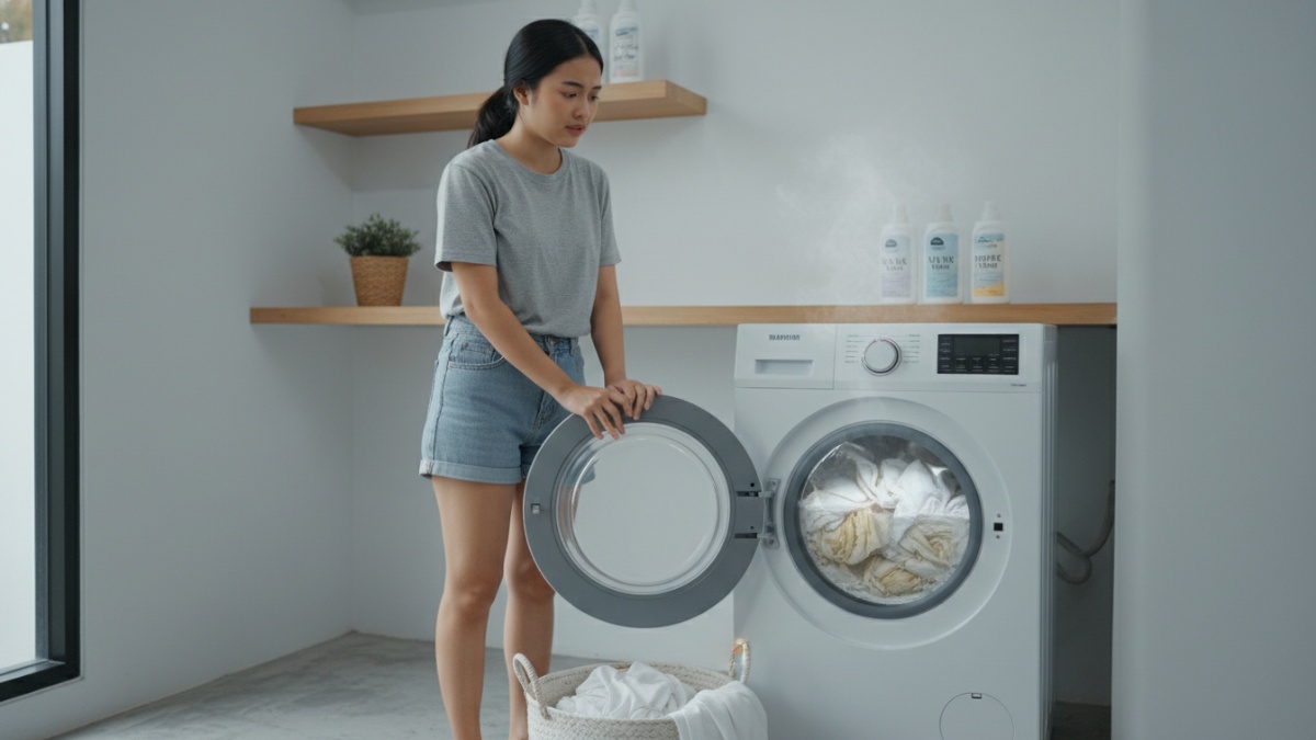 contoh kesalahan mencuci kain putih dengan air panas. 