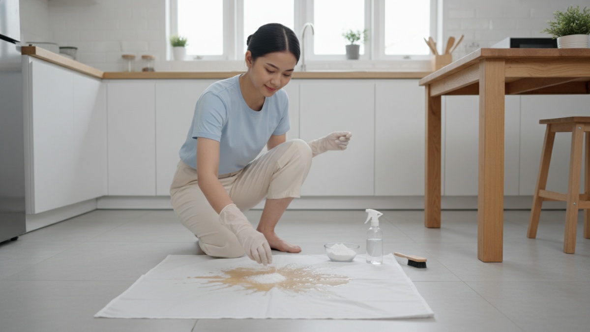 proses membersihkan noda menggunakan baking soda pada kain putih. 