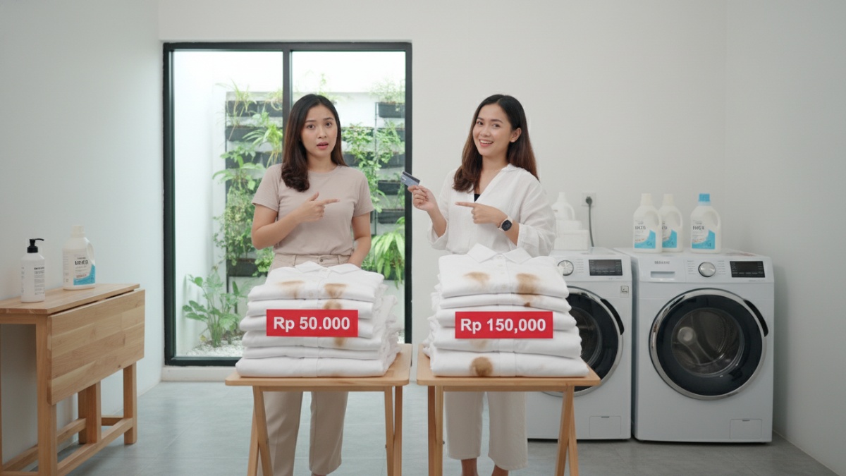 ilustrasi perbandingan biaya laundry khusus noda pakaian putih. 