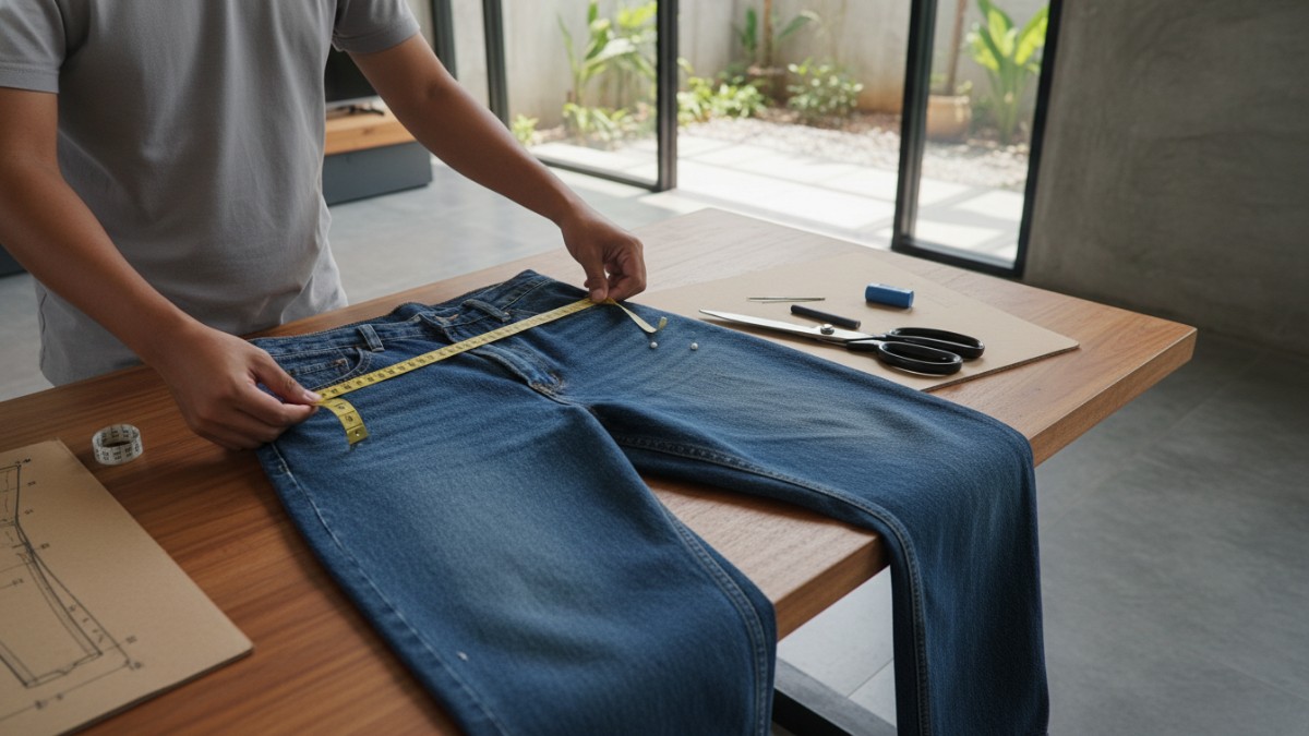 Celana jeans kedodoran yang sedang diukur ulang sebelum proses pengecilan ukuran. 