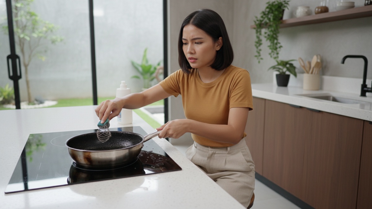 Panci dapur dengan kerak gosong di bagian dasar sebelum dibersihkan. 