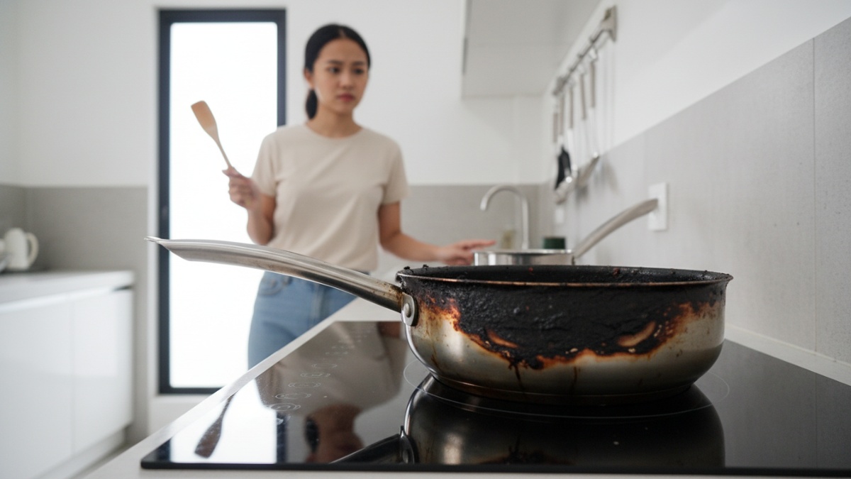 Kerak hitam pada panci stainless steel akibat sisa makanan terbakar. 