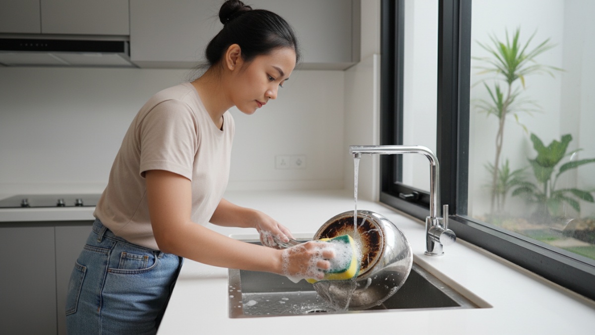 Proses menggosok panci menggunakan spons dapur untuk membersihkan noda gosong. 
