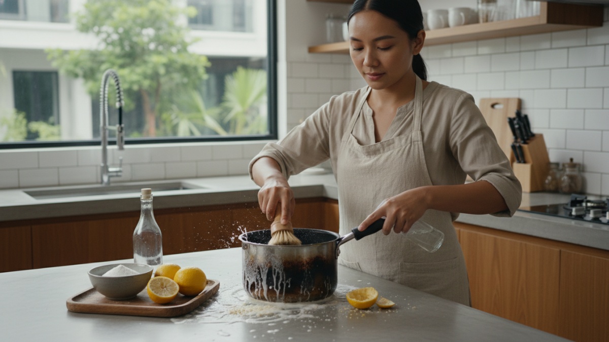 Bahan dapur seperti baking soda, cuka, dan lemon yang digunakan membersihkan panci. 