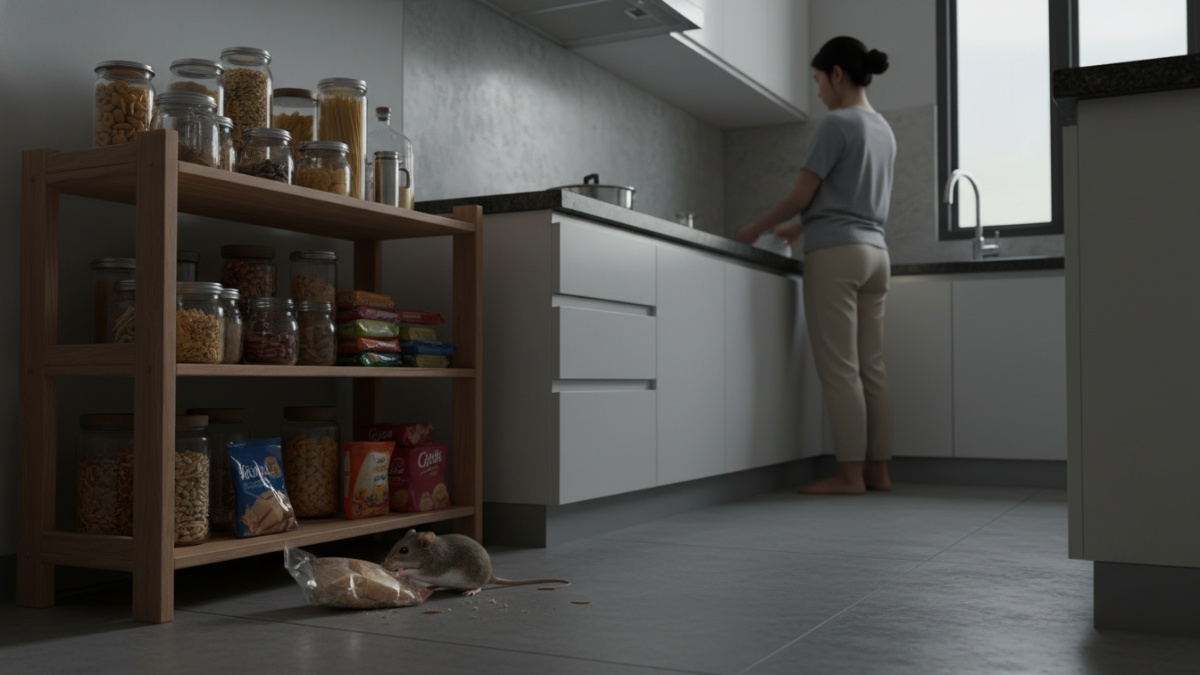 Tikus rumah di dapur dekat rak makanan yang sering menjadi sumber gangguan di rumah. 