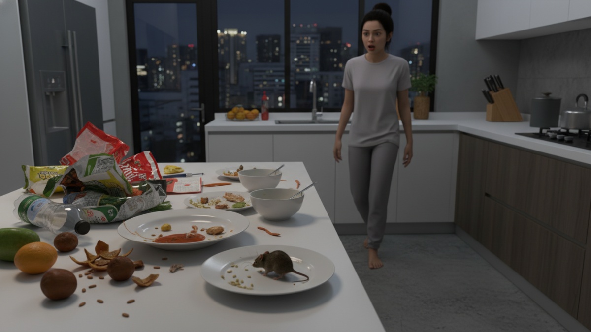 Sisa makanan di meja dapur yang dapat menarik tikus masuk rumah. 