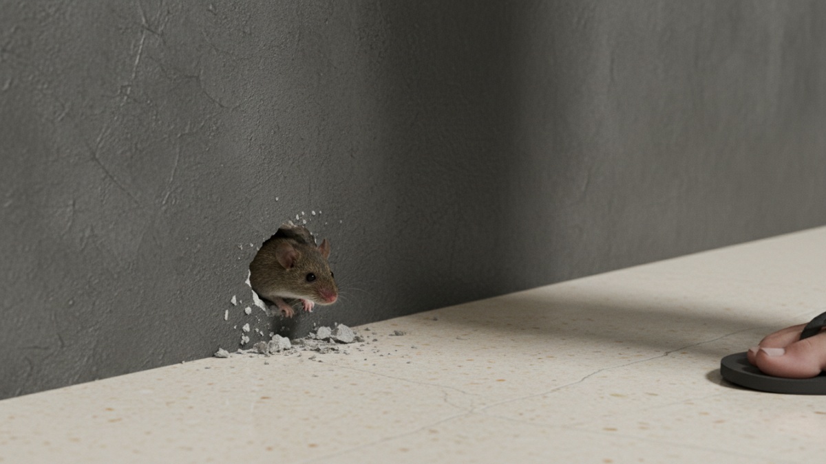 Lubang kecil pada dinding rumah yang menjadi jalur masuk tikus. 
