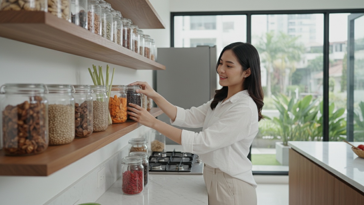 Toples kaca berisi berbagai rempah dapur tersusun rapi di rak dapur minimalis. 