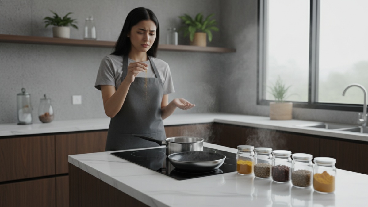 Contoh kesalahan penyimpanan bumbu dapur dekat kompor yang menyebabkan kualitas rempah menurun. 
