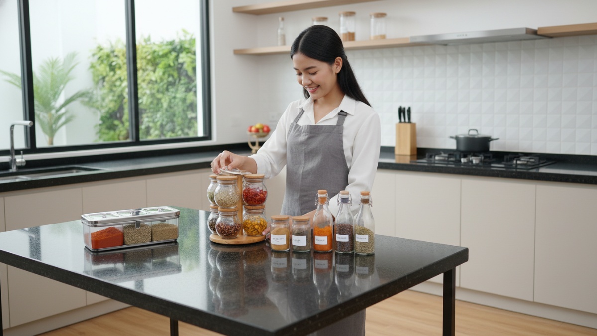 Beragam model tempat bumbu dapur seperti rak putar, botol kaca, dan kotak bumbu stainless. 