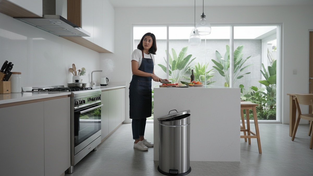 Kesalahan umum penempatan tong sampah terlalu dekat dengan area memasak. 
