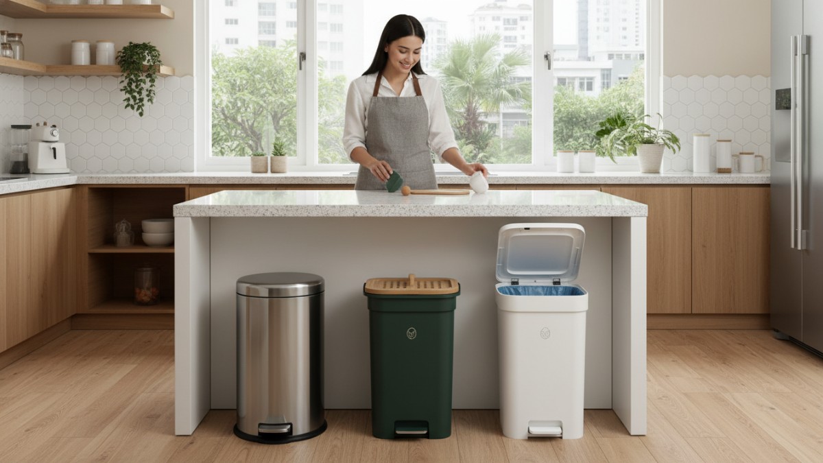 Berbagai model tong sampah dapur modern seperti pedal, stainless, dan komposter. 