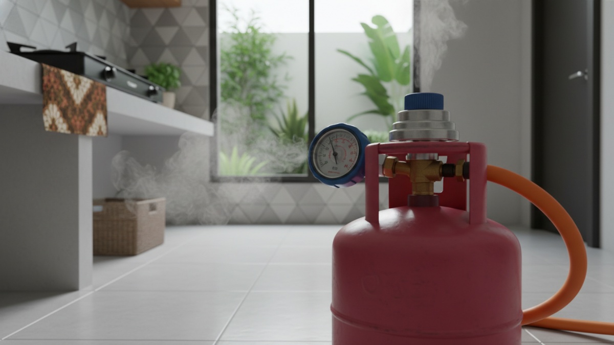 Regulator gas LPG berlabel SNI terpasang pada tabung di dapur rumah modern sebagai simbol keamanan keluarga.
