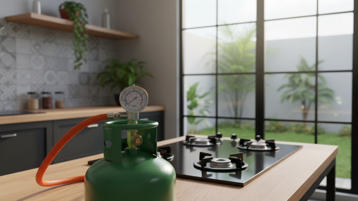 Ilustrasi fungsi regulator gas mengatur tekanan LPG dari tabung ke kompor.