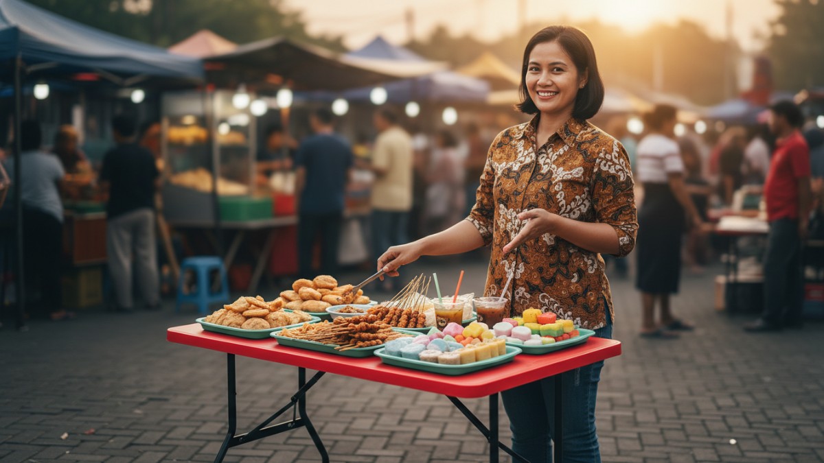 Meja lipat portable digunakan pedagang UMKM di area outdoor dengan desain ringkas dan mudah dibawa.