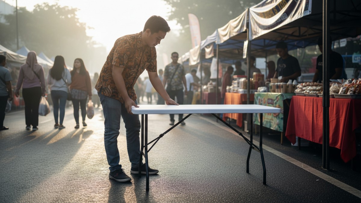 Ilustrasi pedagang memasang meja lipat portable di bazar pagi hari.
