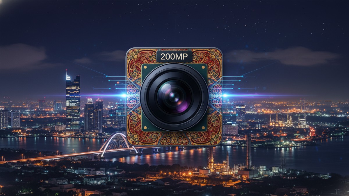 Ilustrasi sensor kamera 200MP menangkap detail kota Balikpapan malam hari.