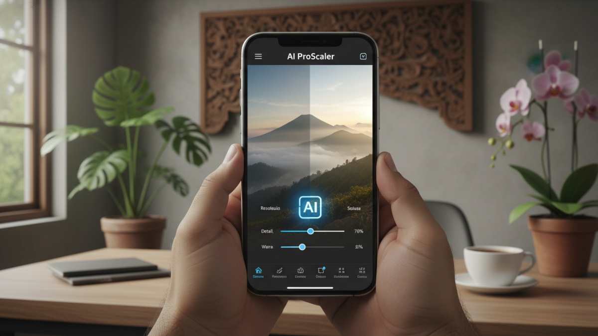 Tampilan fitur AI ProScaler dalam proses editing foto di layar smartphone.