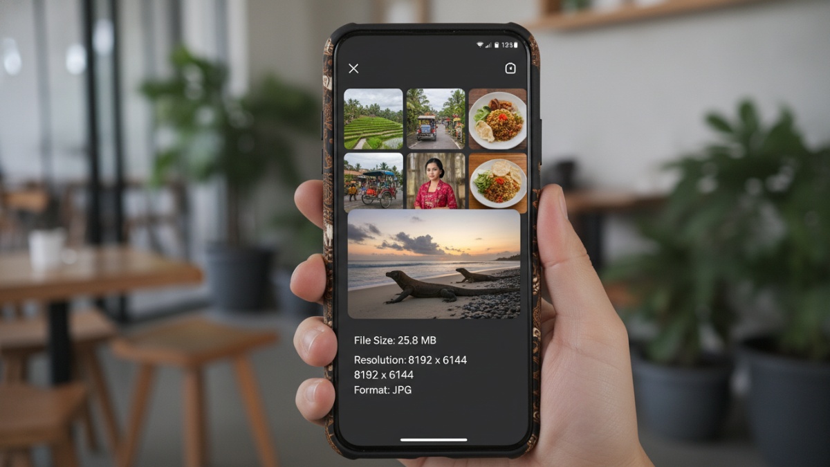 Contoh ukuran file foto resolusi tinggi di galeri smartphone.
