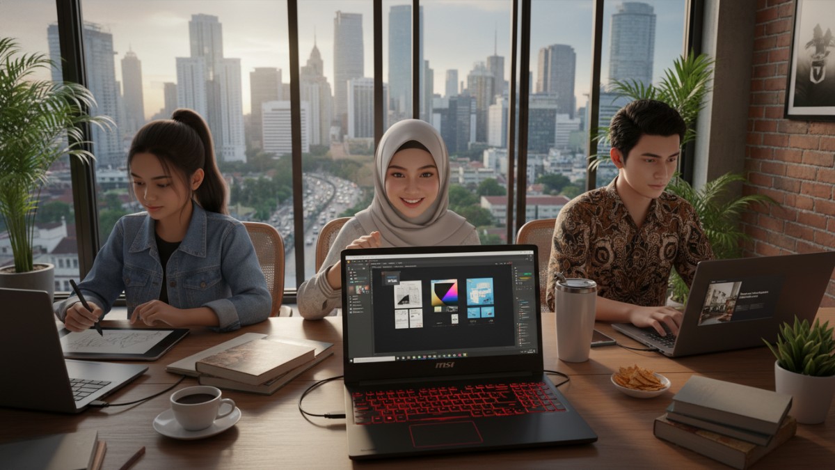 Pelajar SMA belajar dengan laptop spek tinggi harga terjangkau di ruang belajar modern, mendukung sekolah digital 2026.