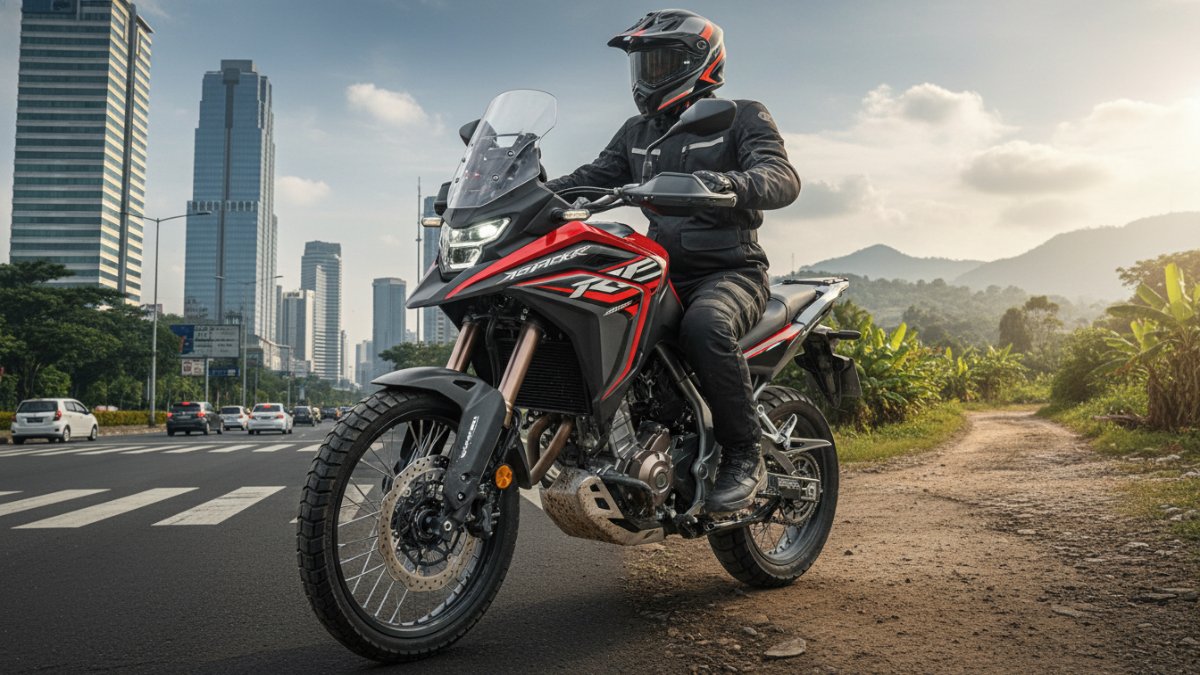 Honda X-Tracker 2026 tampil gagah dengan ban dual purpose dan fitur ABS, siap melibas jalan kota hingga jalur tanah.