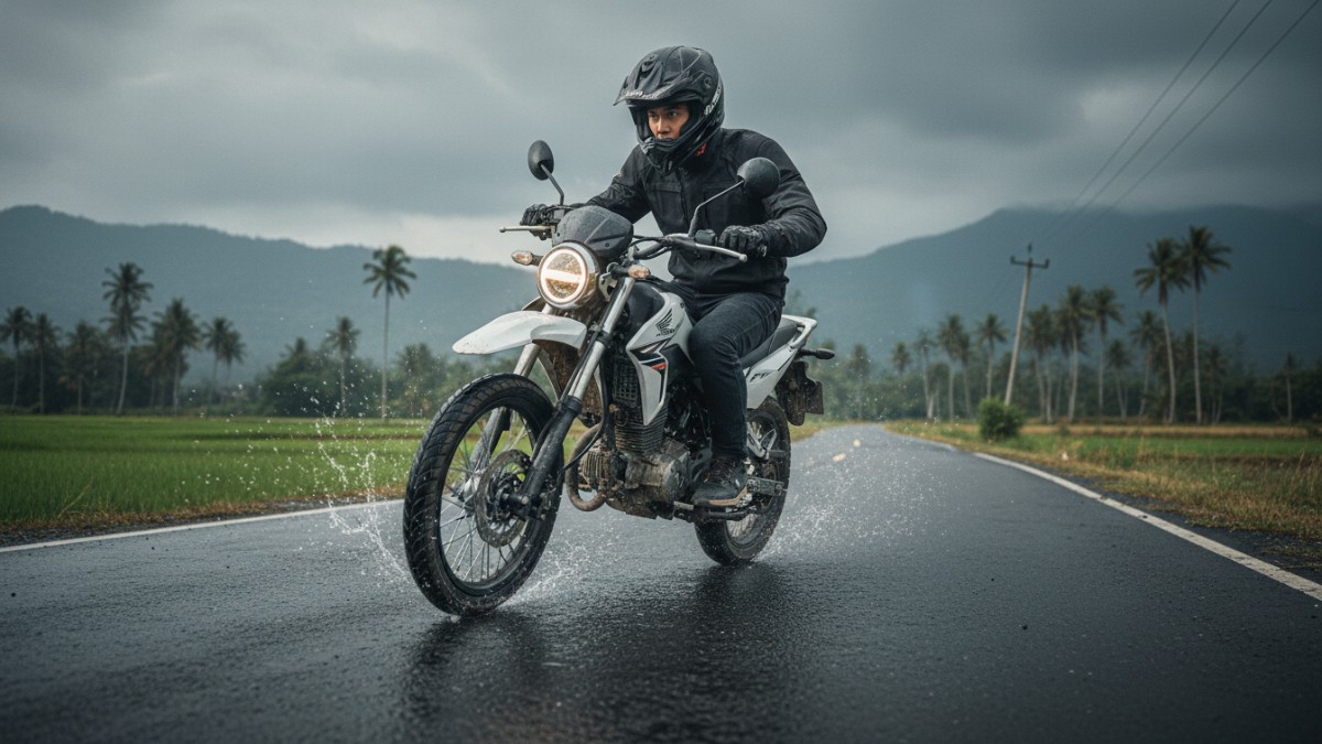 Ilustrasi pengereman mendadak di jalan licin untuk menunjukkan fungsi ABS pada motor bebek trail.