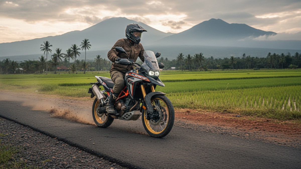 Pengendara menggunakan Honda X-Tracker 2026 di jalan kombinasi aspal dan tanah.