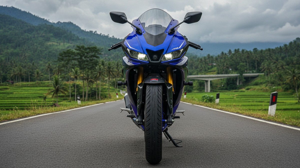 Tampilan depan Yamaha R15 2026 dengan lampu LED tajam dan fairing aerodinamis.