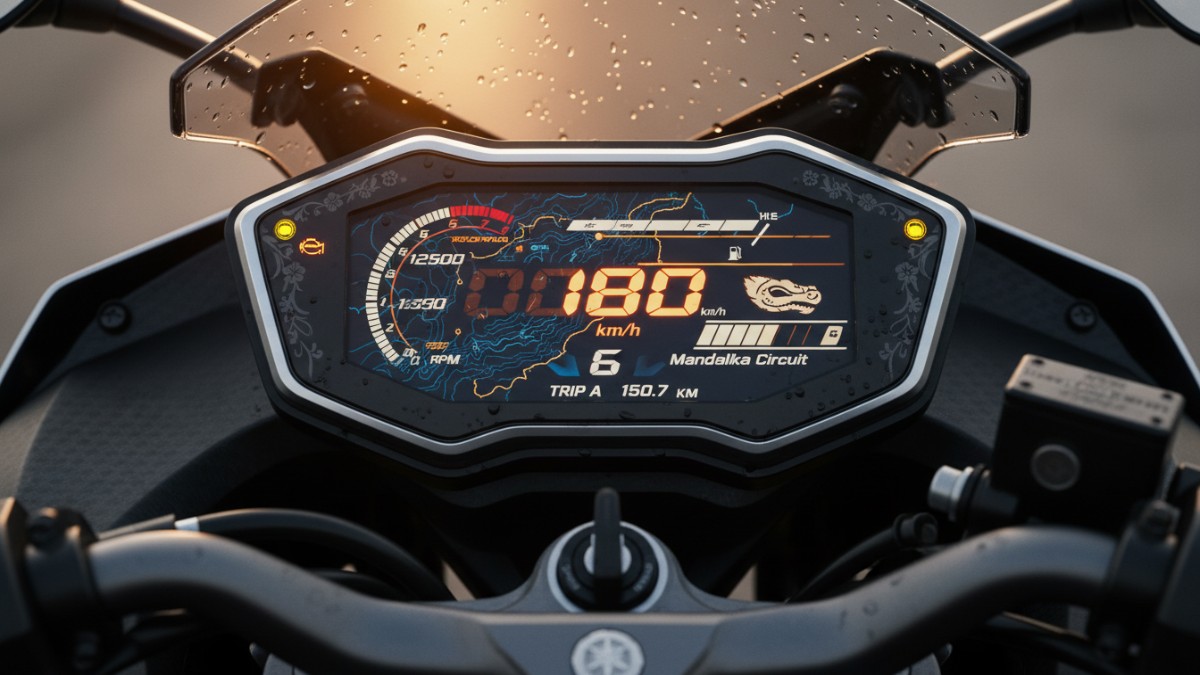 Detail panel instrumen digital modern Yamaha R15 2026.