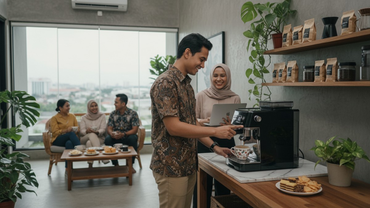 Mesin kopi otomatis modern di dapur minimalis dengan secangkir espresso hangat siap dinikmati