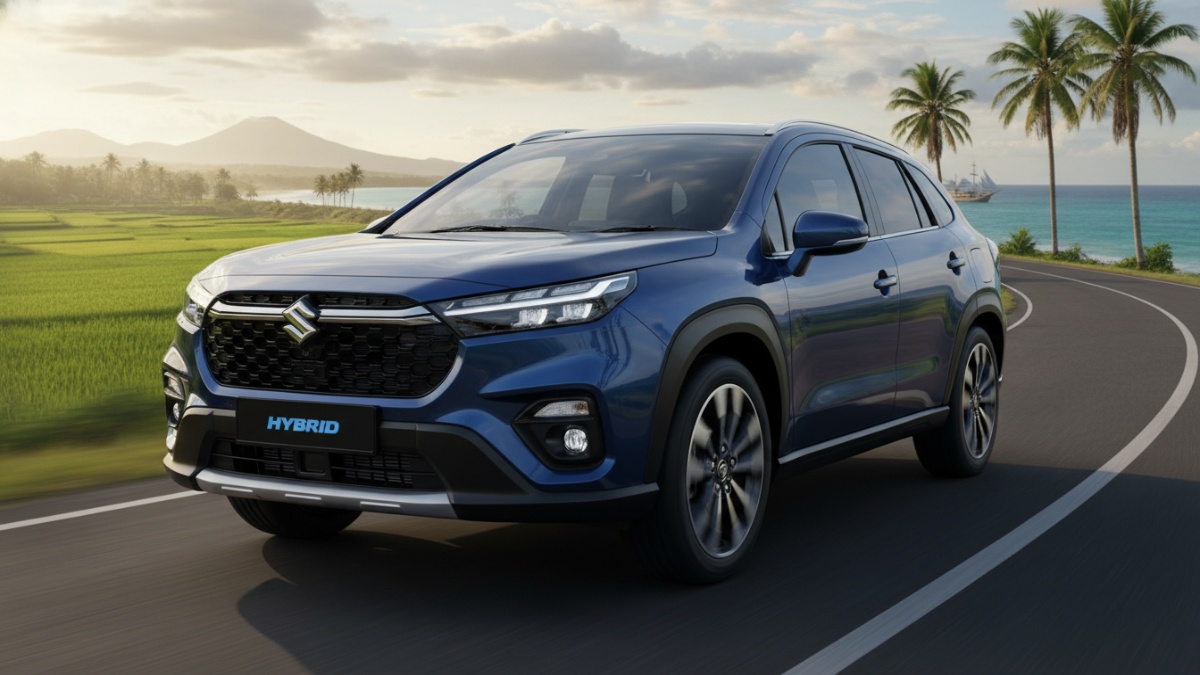 Suzuki Across 2026 tampak dari sudut depan dengan desain SUV modern dan teknologi hybrid terbaru.
