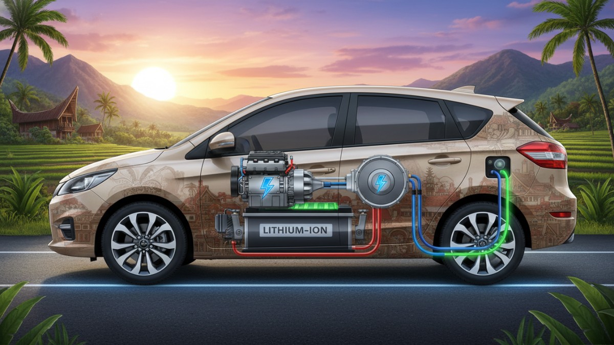 Ilustrasi sistem plug-in hybrid dengan kombinasi mesin bensin dan motor listrik.
