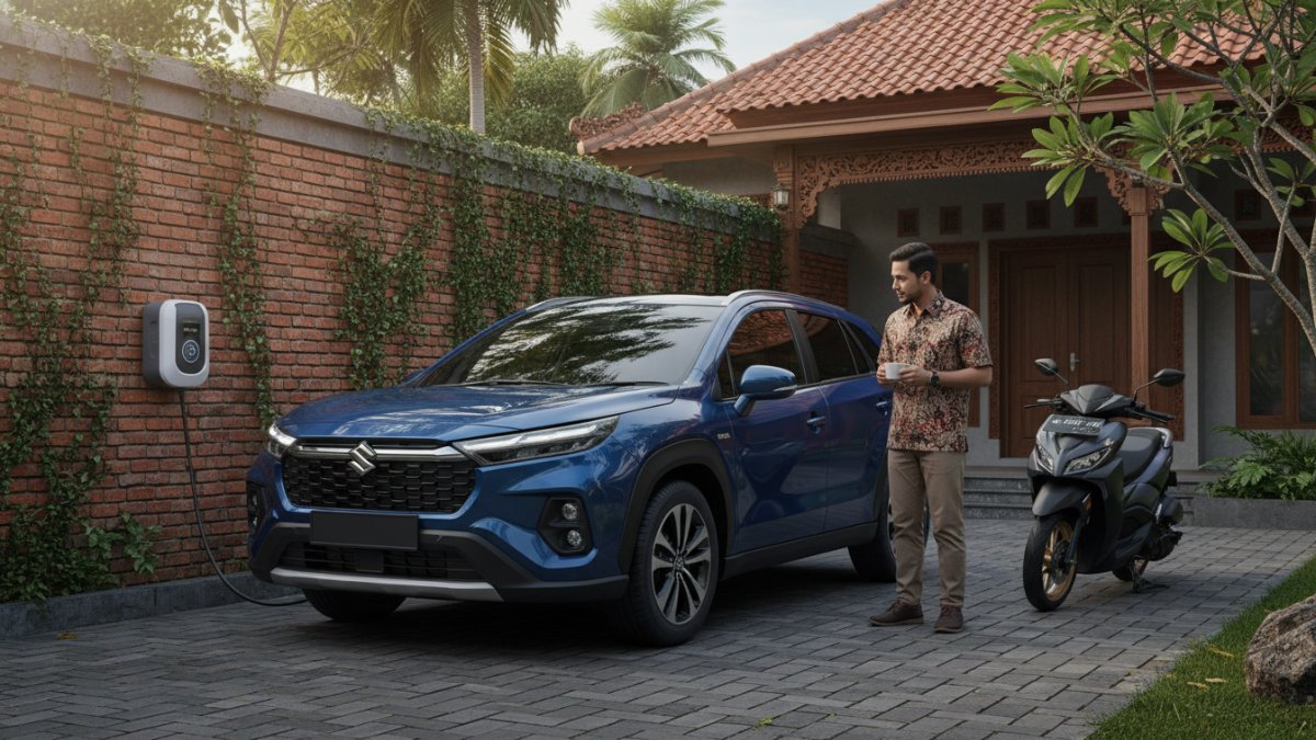 Proses pengisian daya baterai Suzuki Across 2026 menggunakan wall charger rumah.