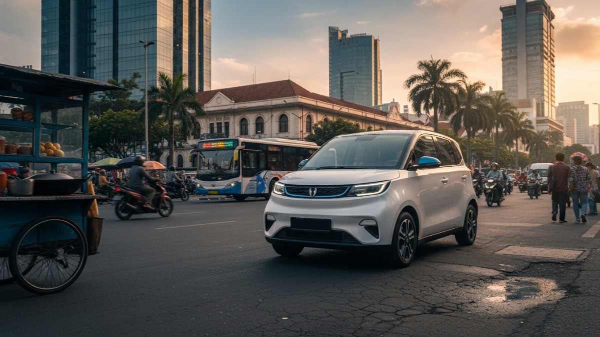 Tampilan eksterior mobil listrik Wuling di area perkotaan Indonesia.