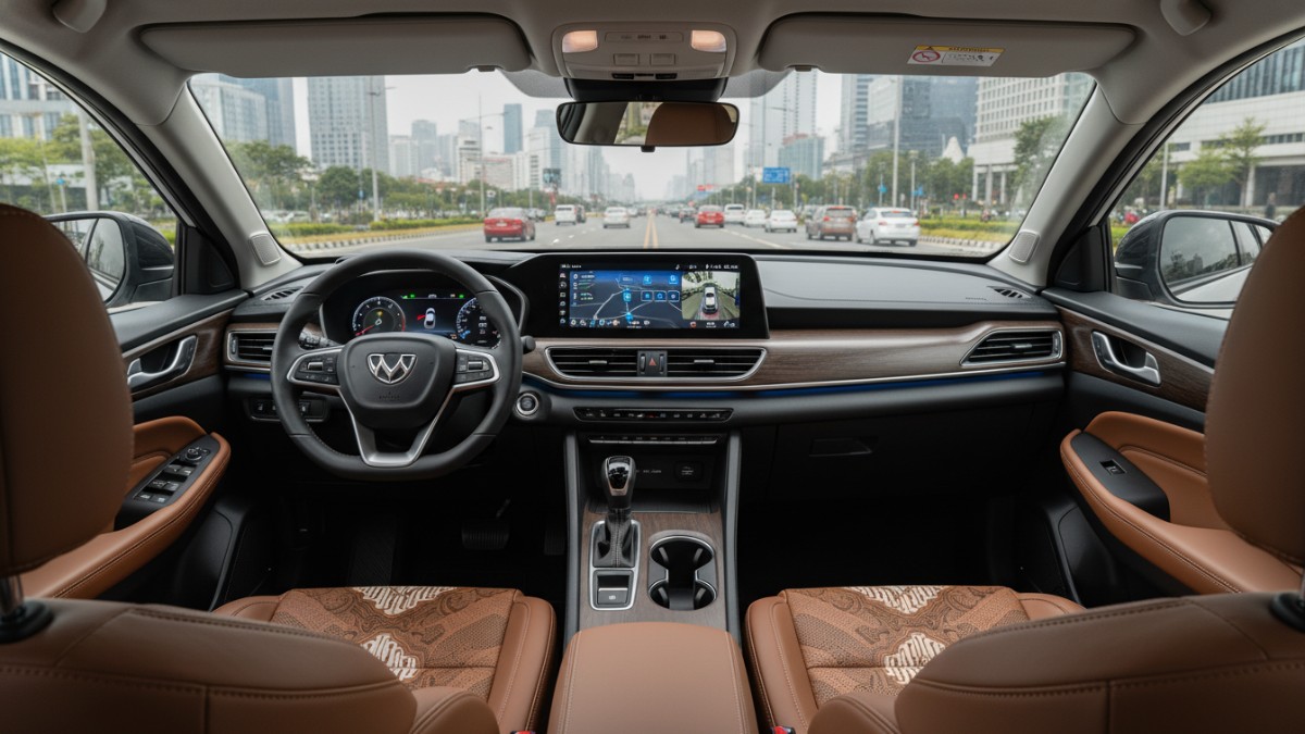 Interior modern mobil Wuling dengan layar digital dan fitur keselamatan.