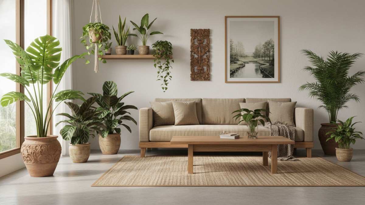 Tanaman hias indoor di ruang tamu minimalis modern, menghadirkan suasana segar dan sehat di dalam rumah.