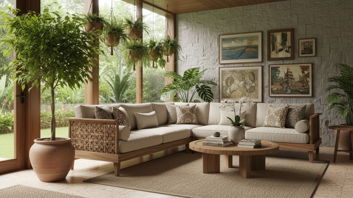 Sudut ruang keluarga dengan tanaman dalam pot yang menyatu dengan desain interior modern.