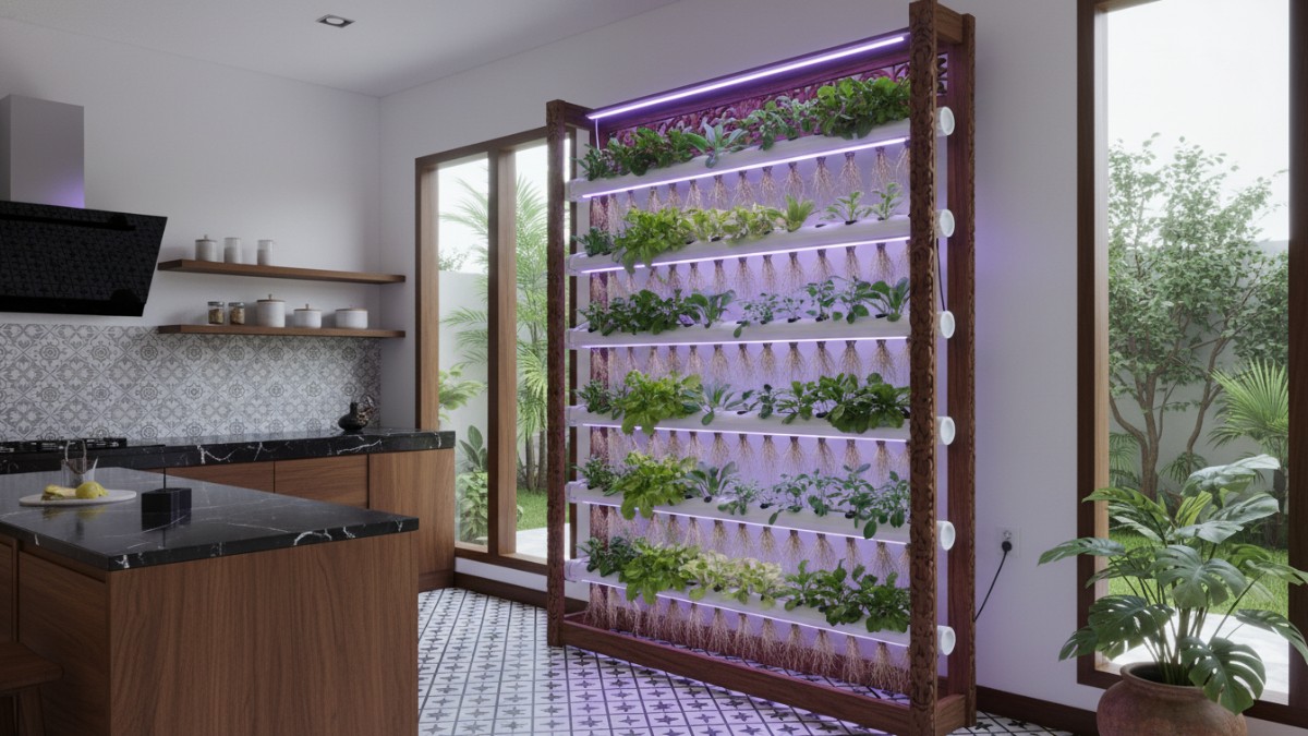Rak vertikal hidroponik di dapur rumah modern sebagai solusi berkebun indoor.