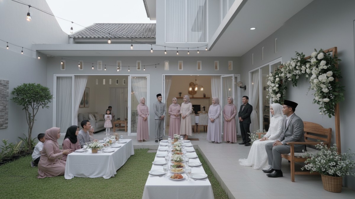 Resepsi pernikahan Islam dengan suasana sederhana yang mempertemukan keluarga dan masyarakat. 