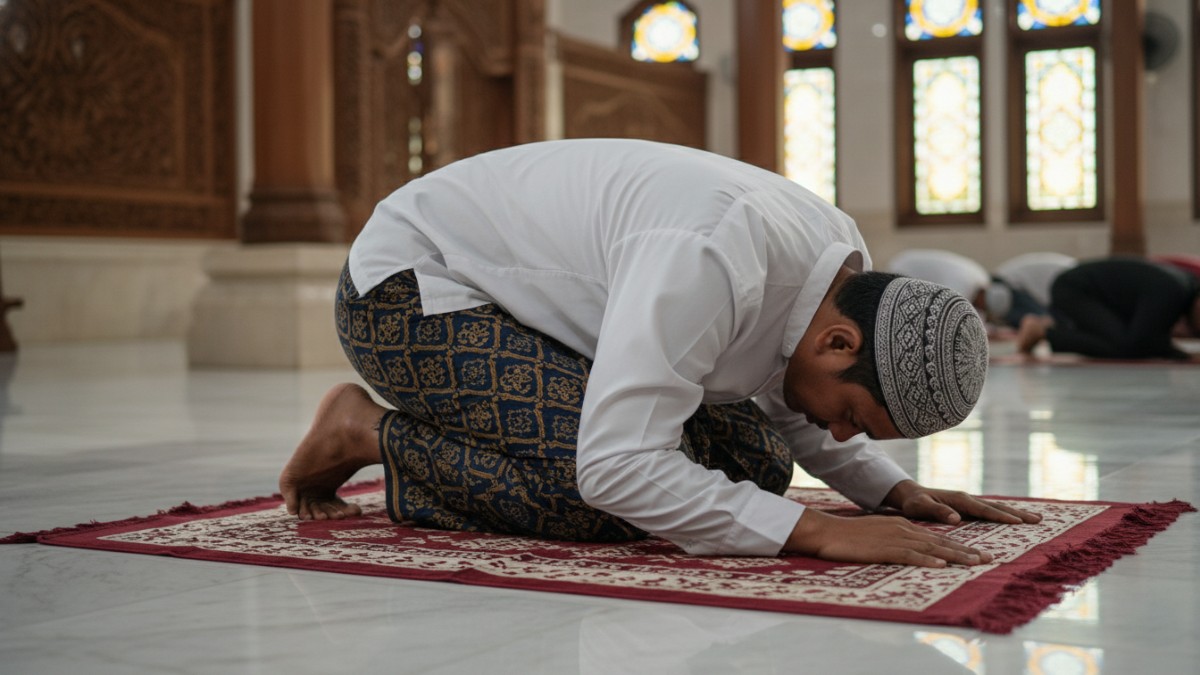 Ilustrasi gerakan sujud dalam shalat yang benar sesuai tuntunan Rasulullah.