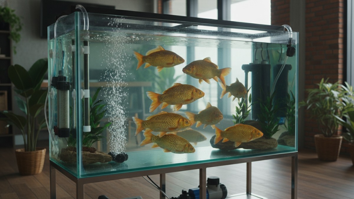 Akuarium besar 1.000 liter berisi ikan Mas konsumsi dengan sistem filter dan aerator aktif, ilustrasi budidaya ikan rumahan modern.