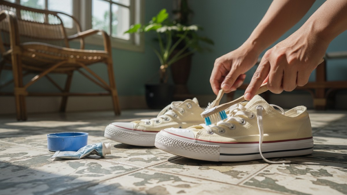 Sisa pasta gigi putih dimanfaatkan untuk membersihkan sepatu putih yang menguning di rumah.