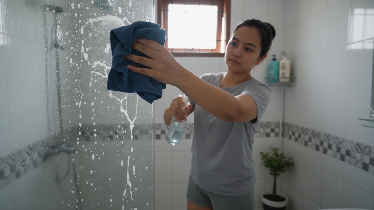 Proses membersihkan kaca kamar mandi buram menggunakan kain microfiber dan pasta gigi yang sudah larutkan dalam air dan dimasukkan dalam botol penyemprot