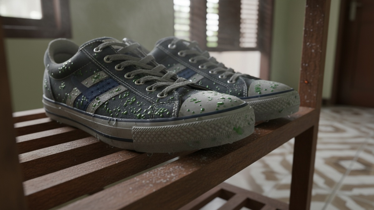 bakteri dan kelembapan pada sepatu lembap sebagai penyebab bau tak sedap di rak rumah.