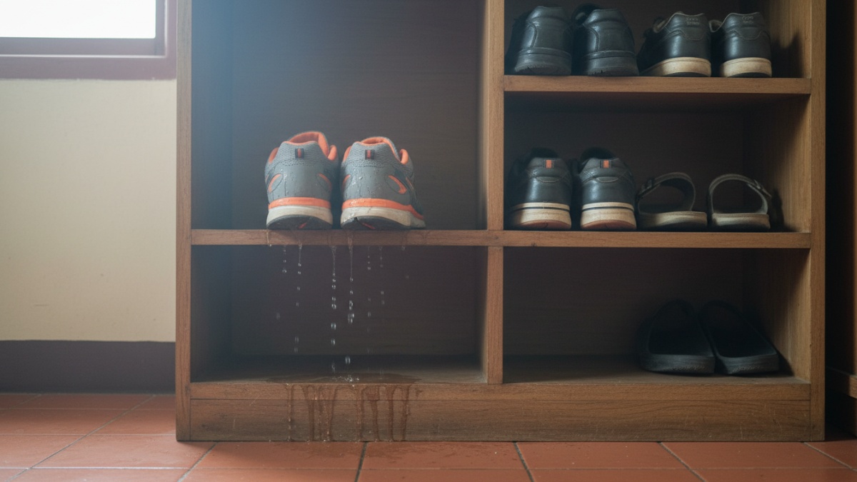 Contoh sepatu langsung dimasukkan ke rak tanpa dikeringkan, memicu aroma kurang sedap.